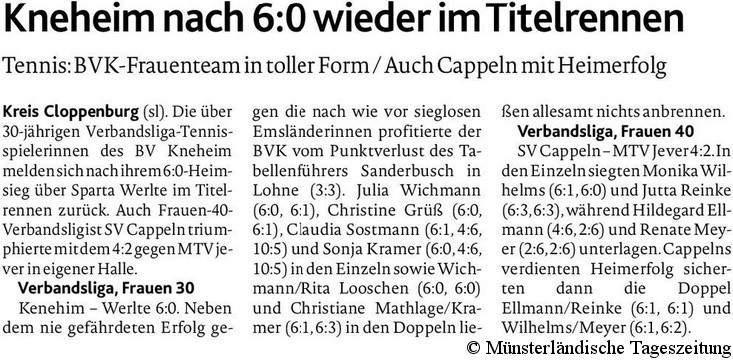 Damen 30: Kneheim - Werlte 6:0 (MT 10.12.2015)